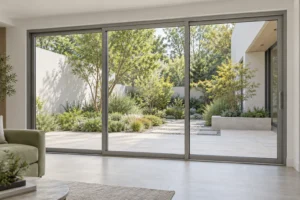 Closed gray panoramic aluminum sliding doors with visible perimeter frames and meeting stiles facing a planted courtyard