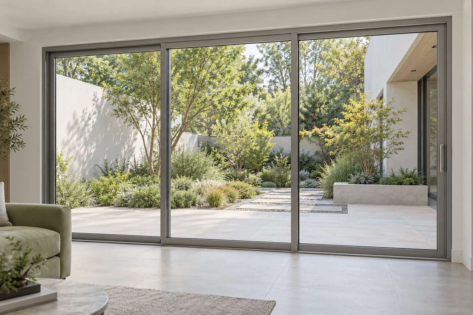 Closed gray panoramic aluminum sliding doors with visible perimeter frames and meeting stiles facing a planted courtyard