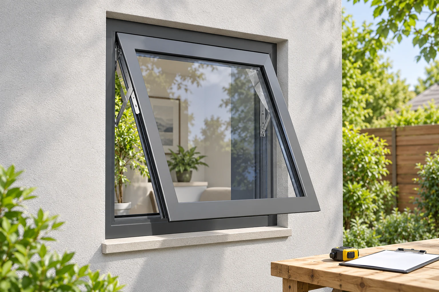 Gray Replacement Window Opening Measurement Scene Gray RGNL-60-style awning replacement window with visible wall reveal and a nearby measuring tape