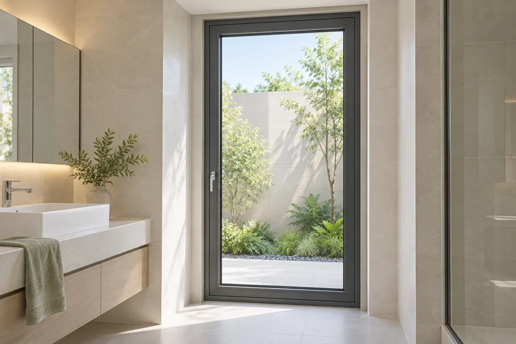 Gray RGNL-93-style aluminum casement window beside a bathroom vanity overlooking an empty courtyard