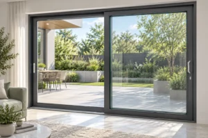 Gray heavy-framed aluminum sliding door between a contemporary living room and a landscaped courtyard