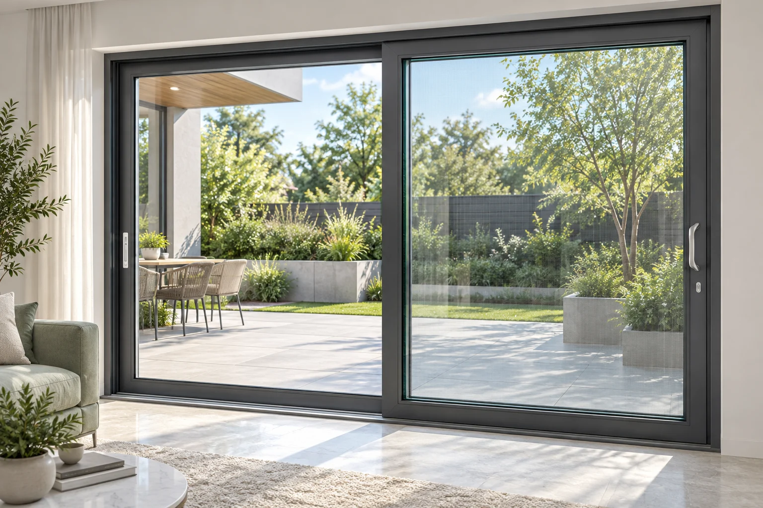 Gray heavy-framed aluminum sliding door between a contemporary living room and a landscaped courtyard