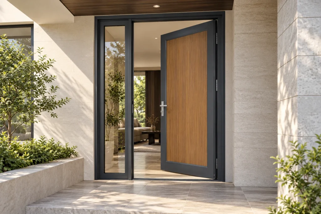 Wood-grain appearance on an illustrative aluminum entry door panel within a gray frame at a sheltered villa entrance