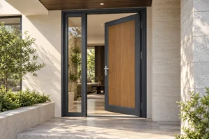 Wood-grain appearance on an illustrative aluminum entry door panel within a gray frame at a sheltered villa entrance